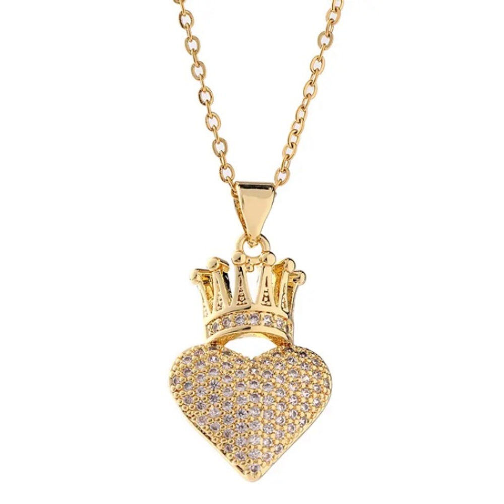 🎀 NWT Golden Heart ♥️ Crown Zirconium Shaped Stylish Chain Necklace 50…